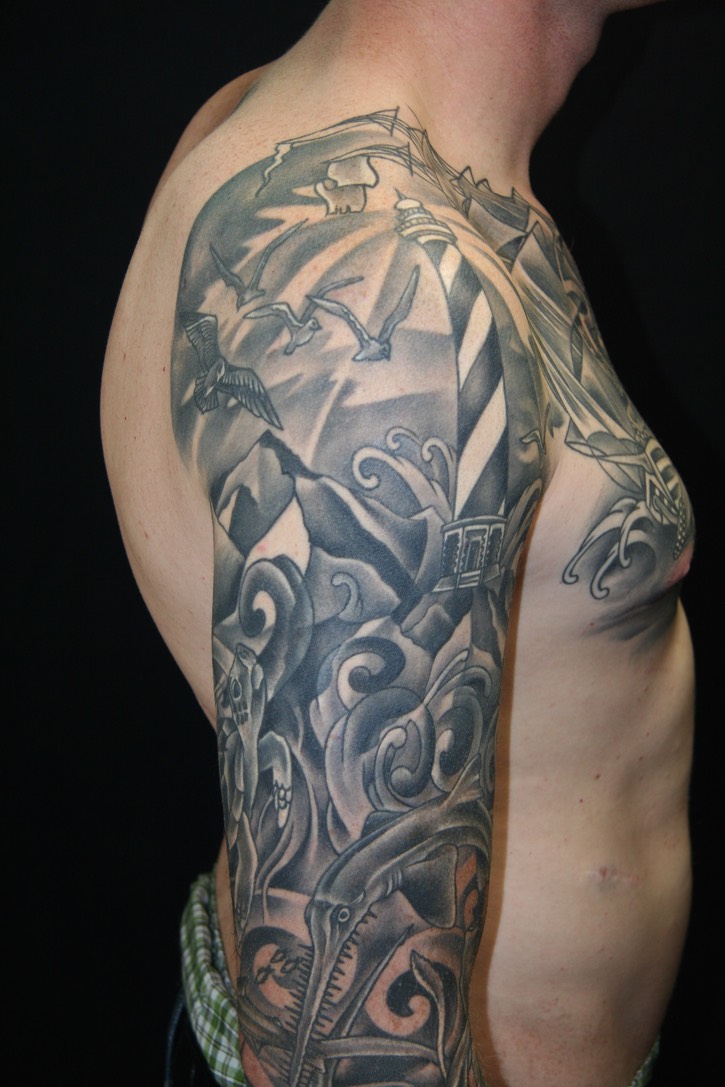  Black & gray ocean & lighthouse sleeve by Brandon Notch 