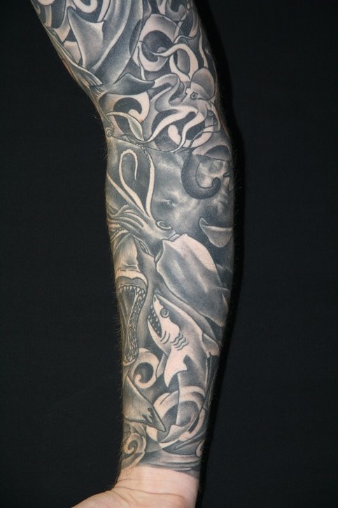  Black & gray ocean sleeve tattoo 