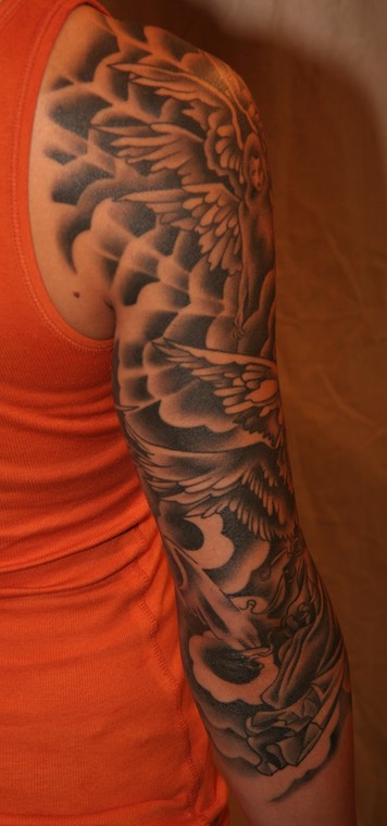  Angel sleeve tattoo by Brandon Notch 