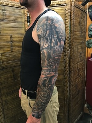  Pirate ship sleeve tattoo 