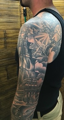  Pirate ship sleeve tattooed by Brandon Notch 
