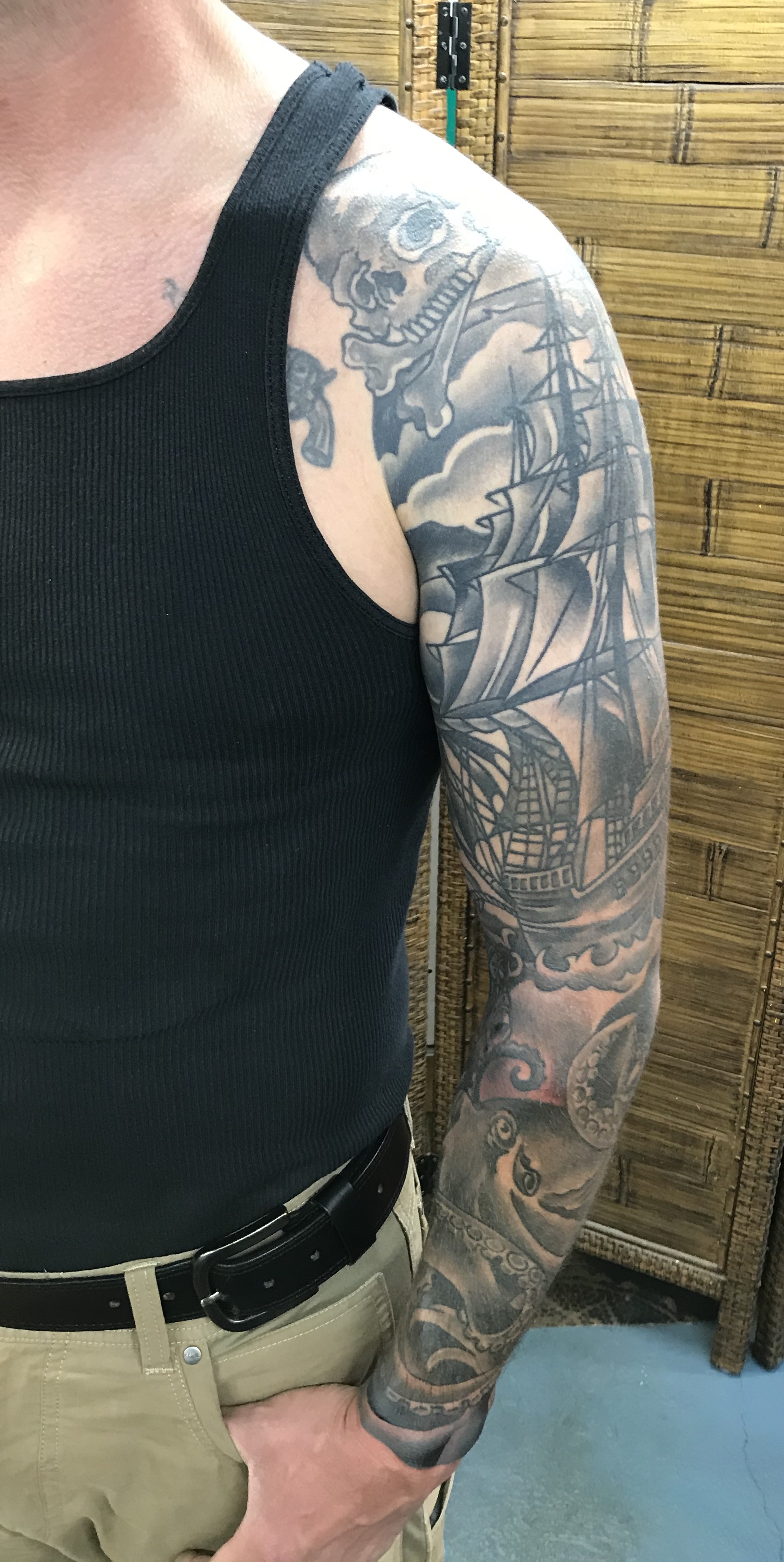  Pirate ship sleeve tattooed by Brandon Notch 
