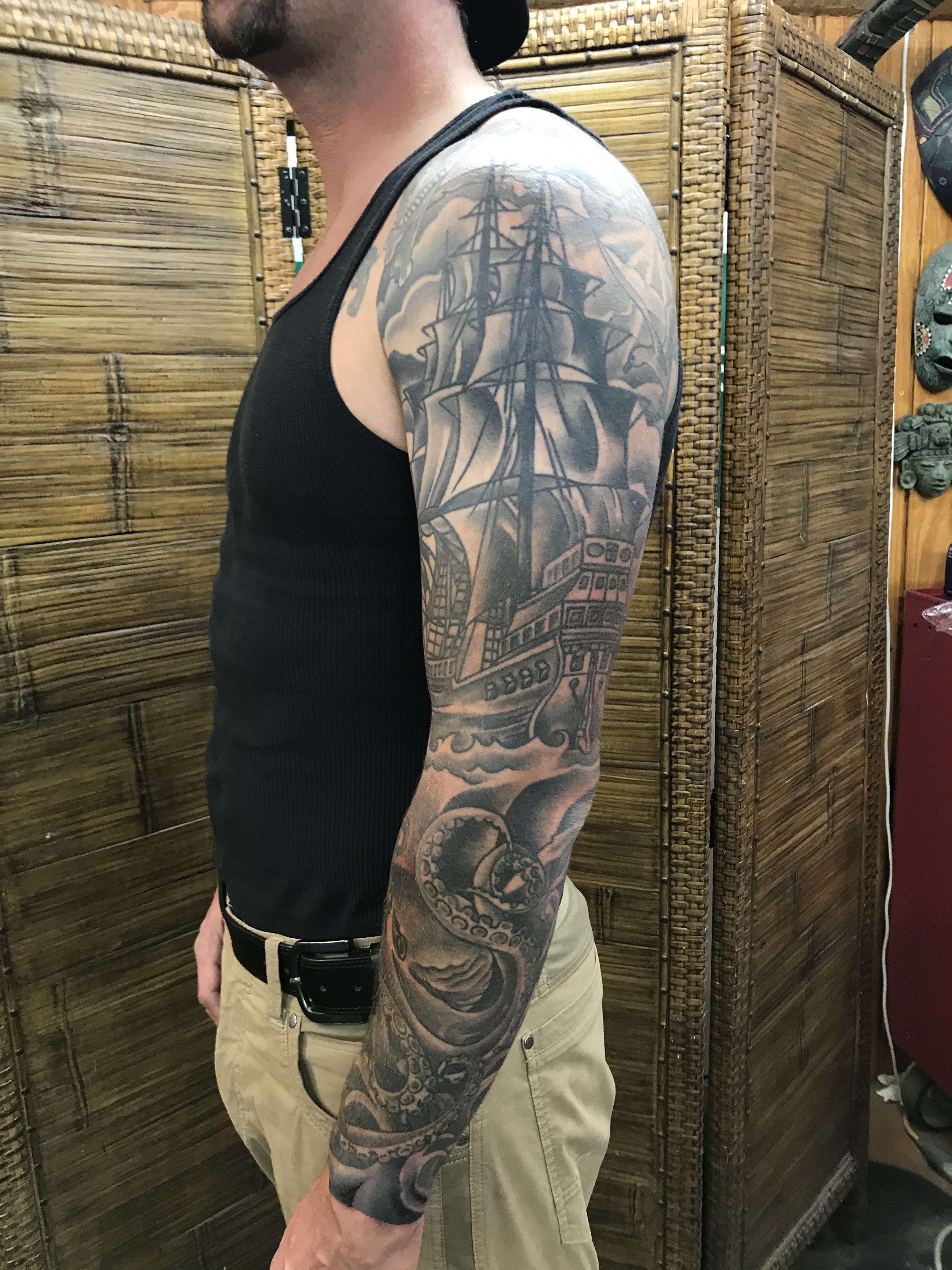  Pirate ship sleeve tattooed by Brandon Notch 