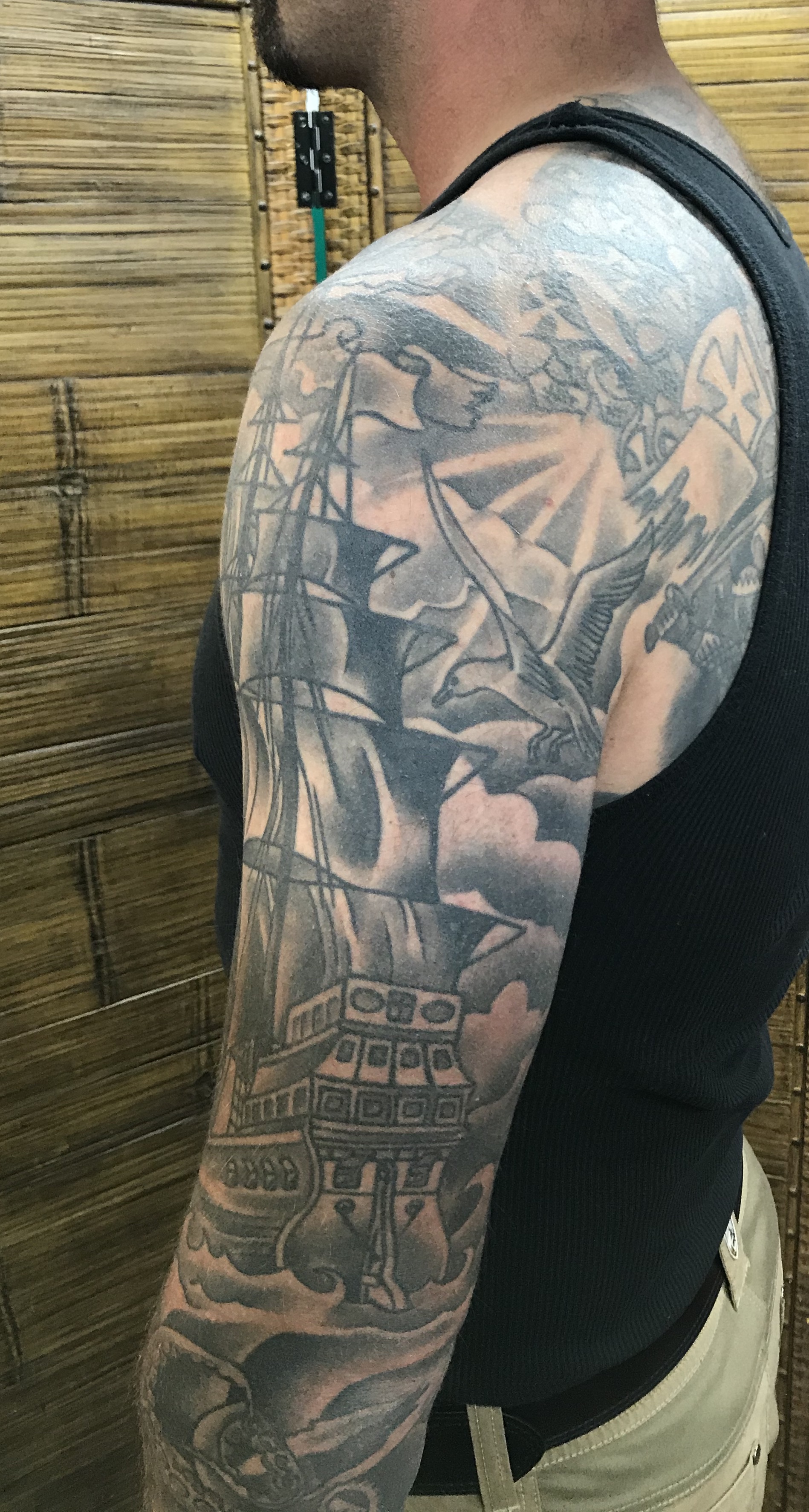  Pirate ship sleeve tattooed by Brandon Notch 