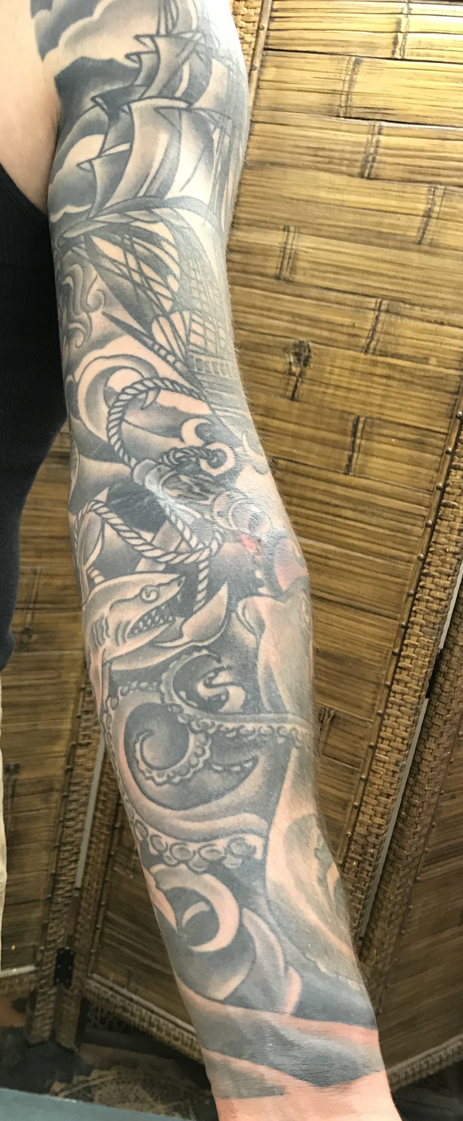  Pirate ship sleeve tattooed by Brandon Notch 