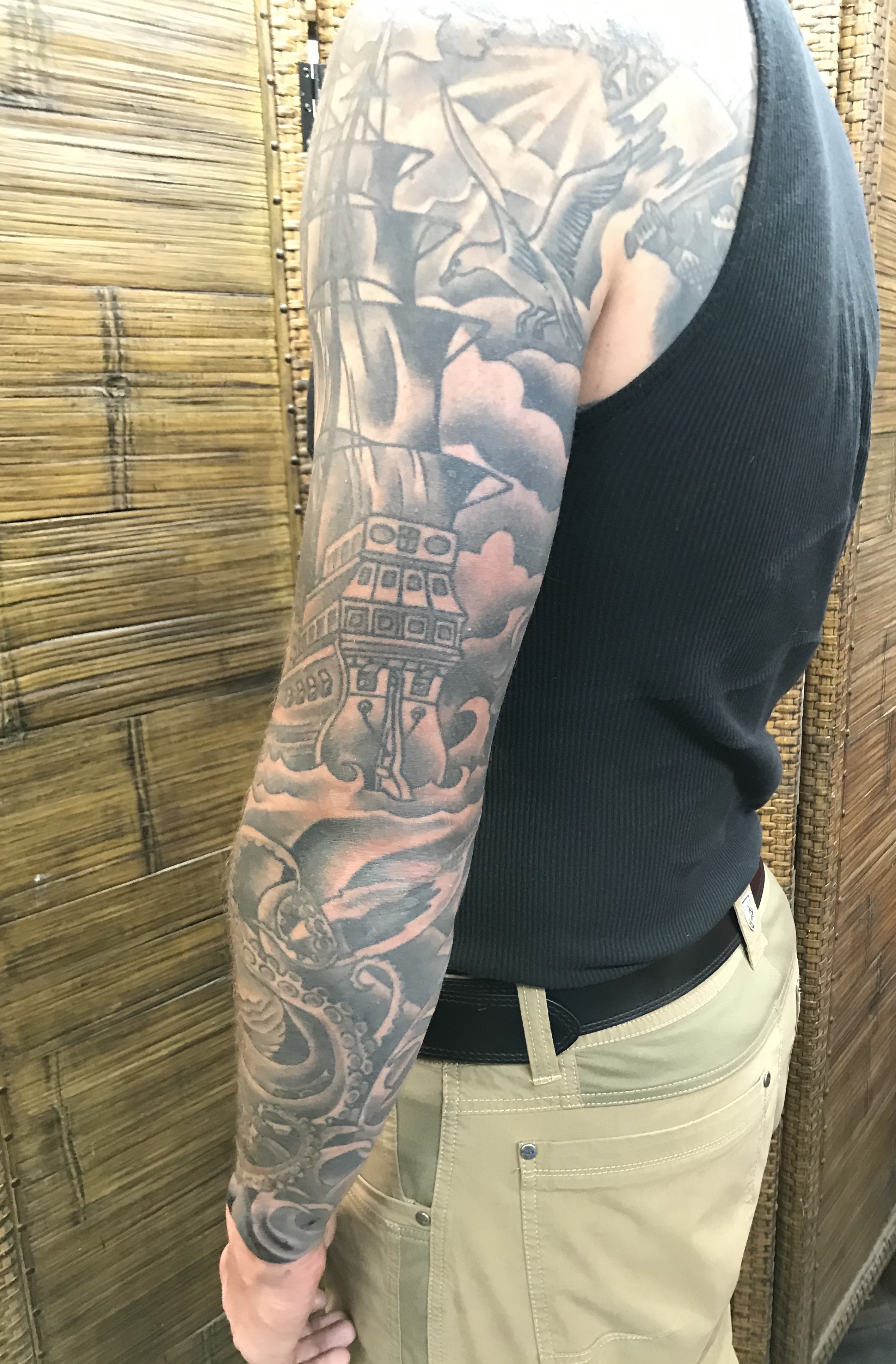  Pirate ship sleeve tattooed by Brandon Notch 