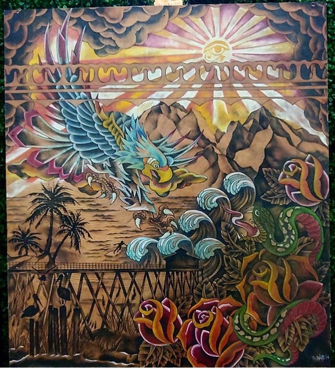  3 by 3 Foot Tattooed Leather Canvas by Brandon Garic Notch for Bulleit Whiskey.  