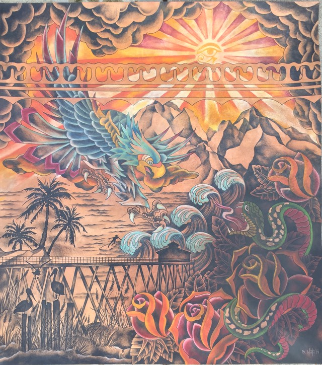  3 by 3 Foot Tattooed Leather Canvas by Brandon Garic Notch for Bulleit Whiskey. 