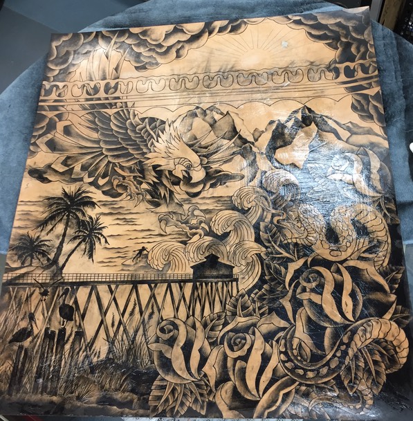  3 by 3 Foot Tattooed Leather Canvas by Brandon Garic Notch for Bulleit Whiskey. (In Progress) 