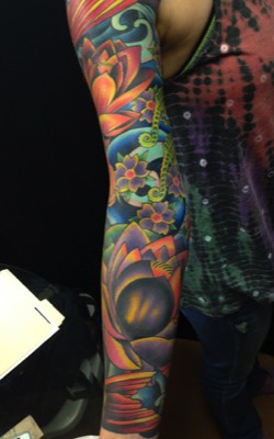  Lotus flower & seahorses sleeve tattoo 