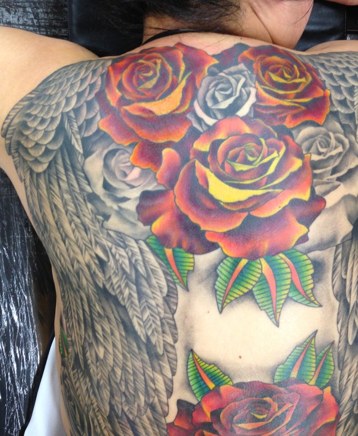  Roses & Angel Wings tattoo By Brandon G. Notch 
