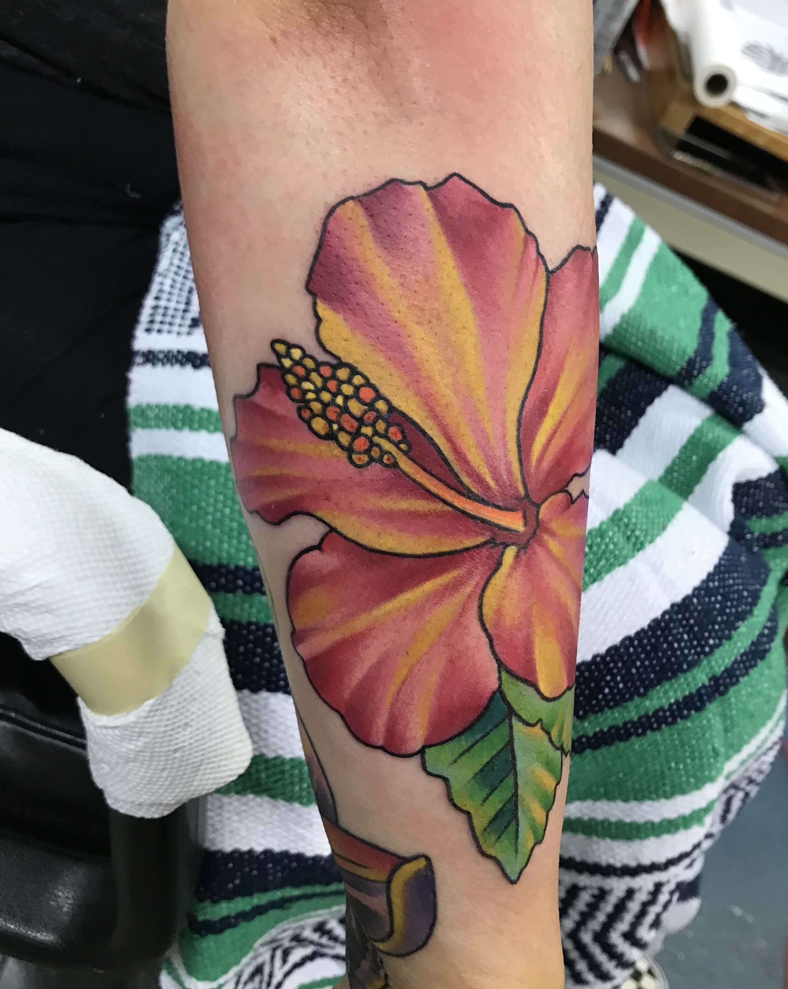  Color hibiscus flower tattoo 