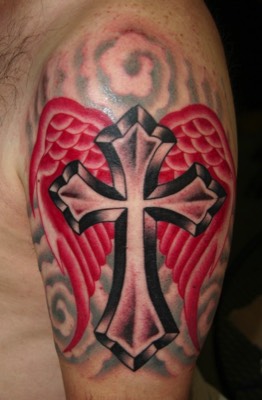  Cross with angel wings tattoo 