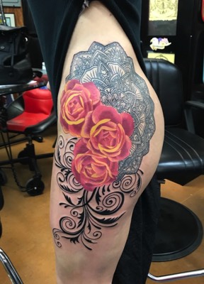  Mandala, Roses, and Swirl Design tattoo 