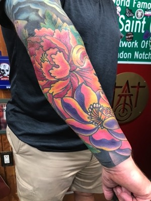  Japanese peony & lotus sleeve tattooed by Brandon Notch 