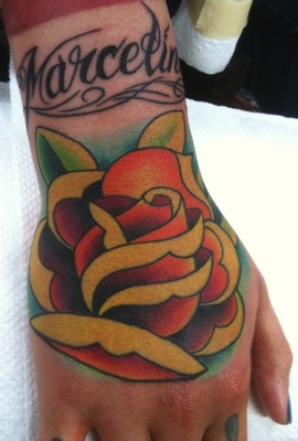  American traditional rose, hand tattoo by Brandon Notch 