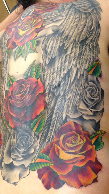  Roses & Angel Wings Full Back Piece Tattoo By Brandon G. Notch (Cover Up) 