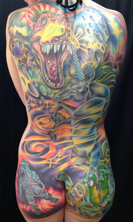  New-School Full Back Piece (Dinosaur Verse A Unicorn) Tattoo by Brandon Notch 