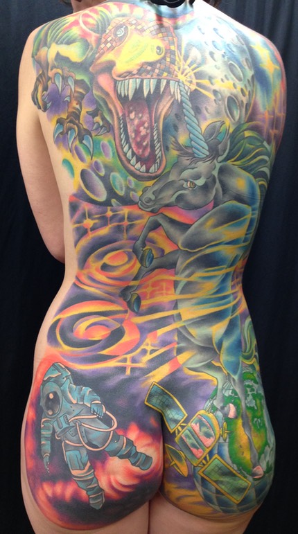  New-School Full Back Piece (Dinosaur Verse A Unicorn) Tattoo by Brandon Notch 