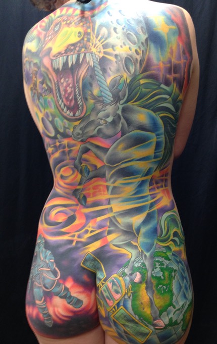  New-School Full Back Piece (Dinosaur Verse A Unicorn) Tattoo by Brandon Notch 