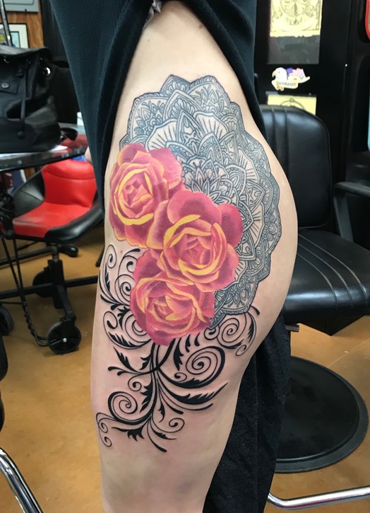  Mandala, Roses, and Swirl Design tattoo 