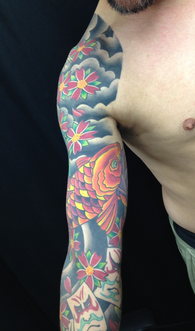  Japanese paper kabuki mask tattoo sleeve by Brandon Notch 