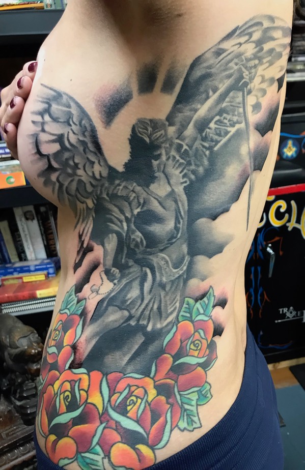  Saint Michael & Roses tattoo by Brandon Notch 