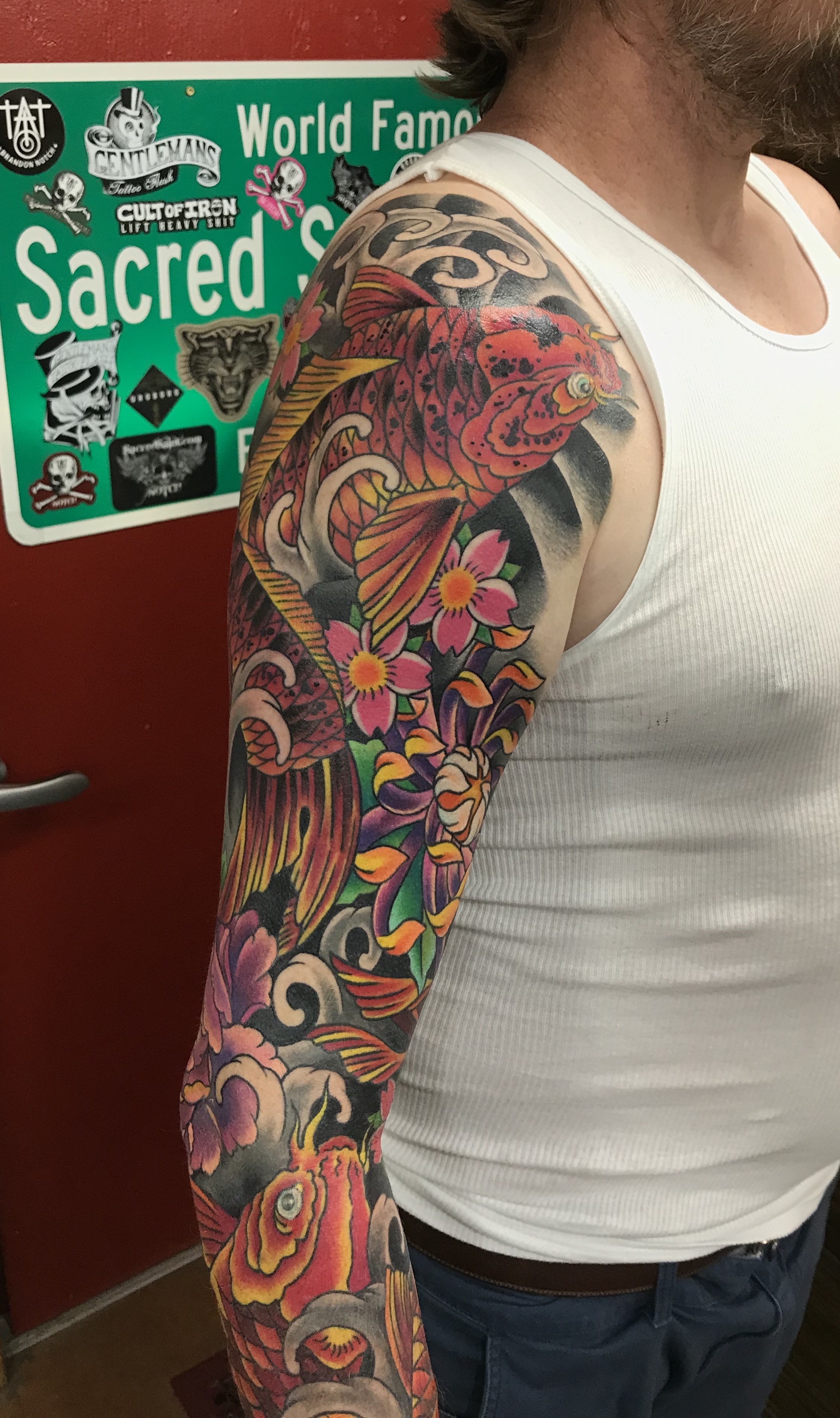  Japanese color Koi Fish tattoo sleeve by Brandon Notch 