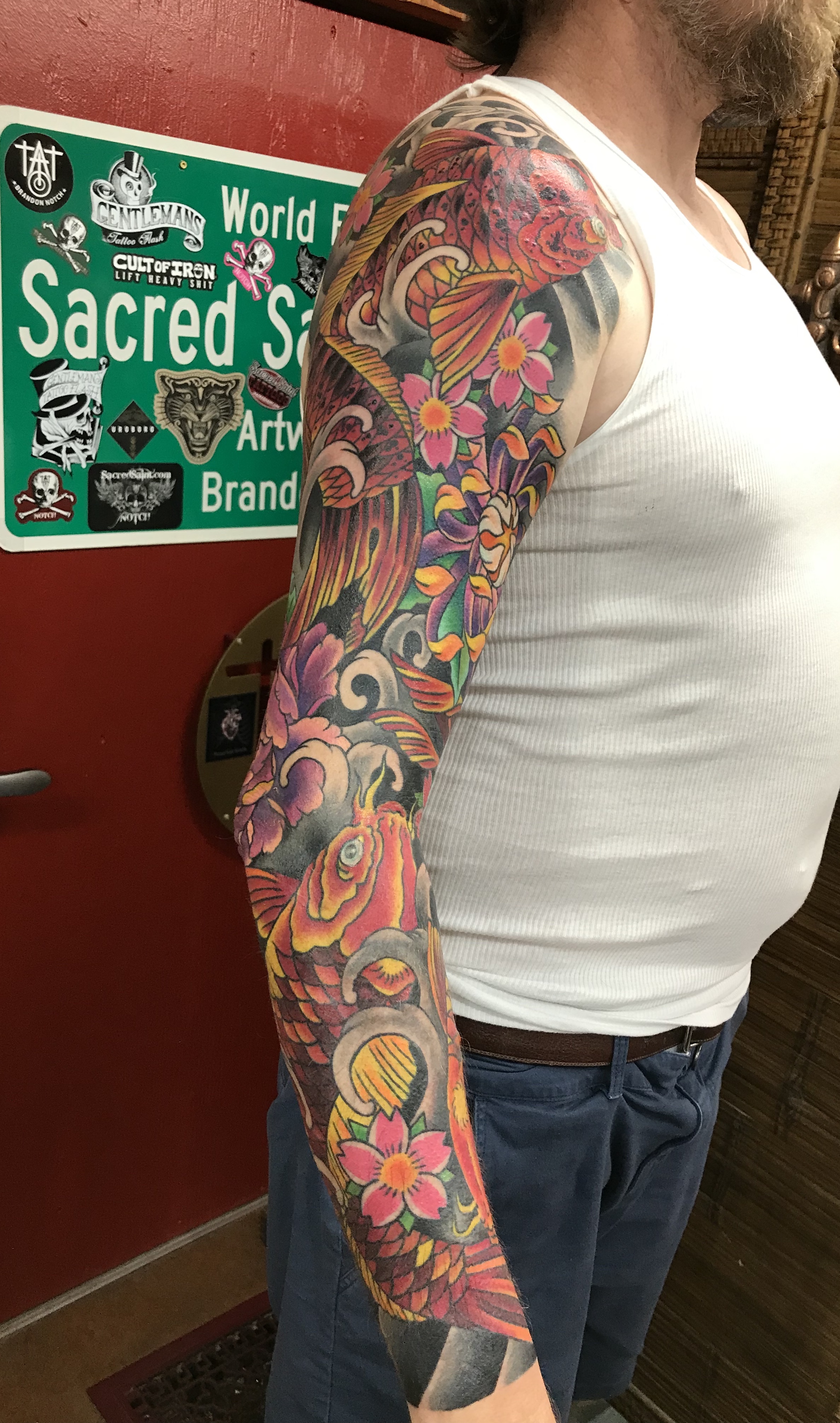  Japanese color Koi Fish sleeve tattoo by Brandon Notch 
