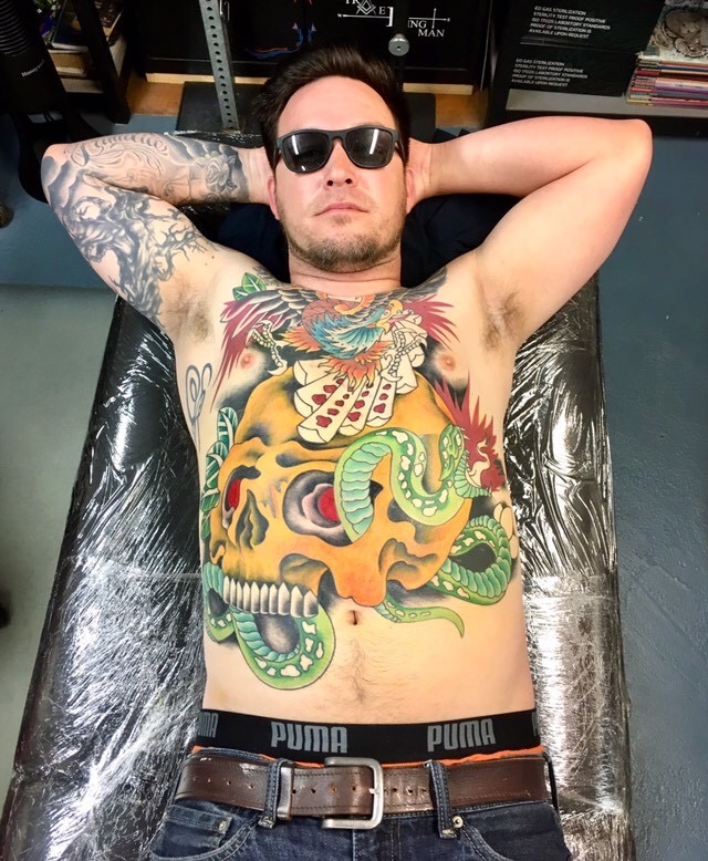  Neo Traditional American tattooing by Brandon Notch. (Eagle, skull, and snake full front tattoo In Progress) 