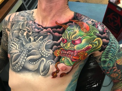  Japanese Hannya, octopus, & ship tattoo 