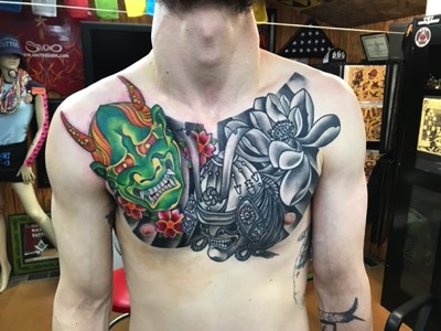  Japanese inspired chest panel tattoo 