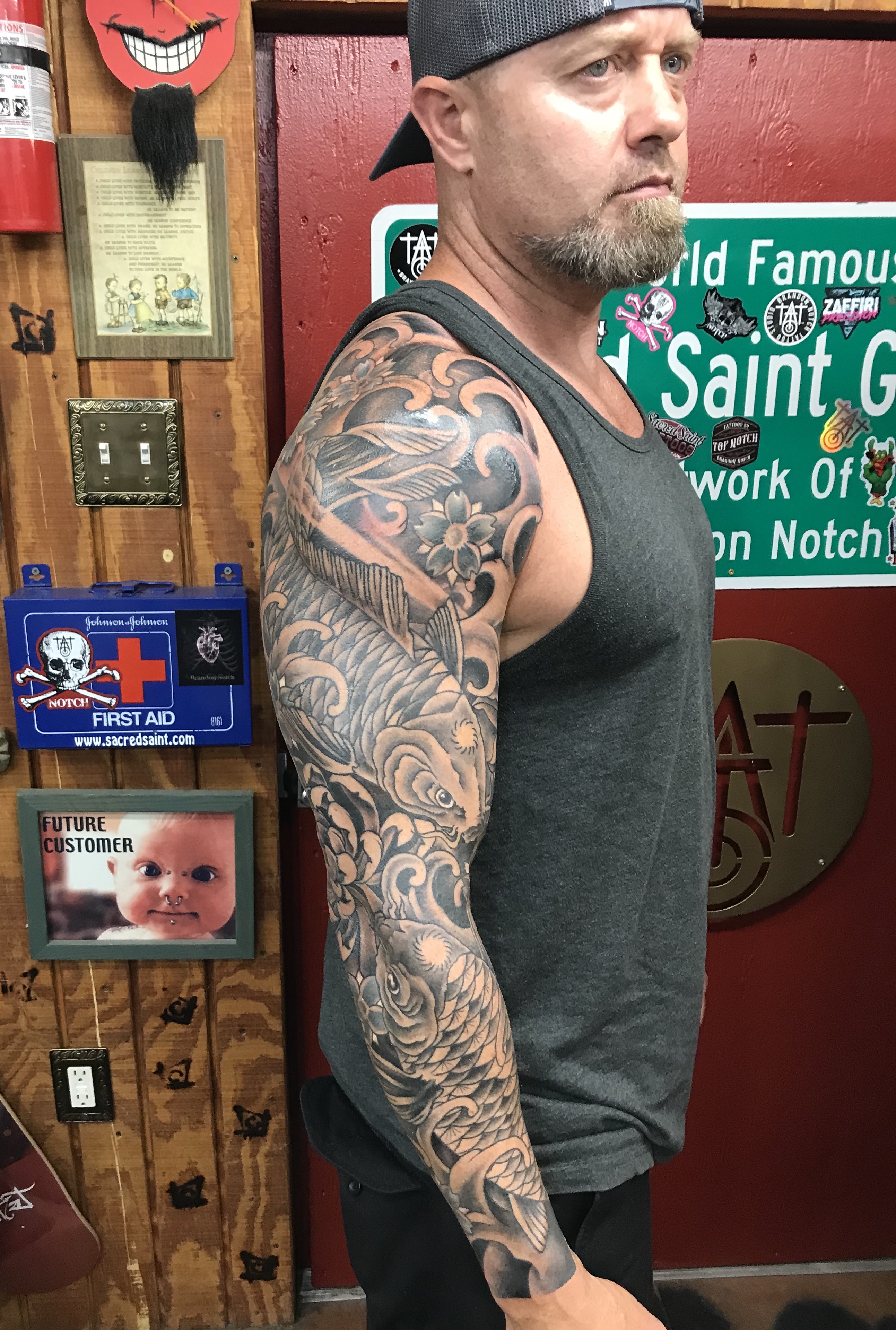  Black & gray Japanese koi fish sleeve tattoo 