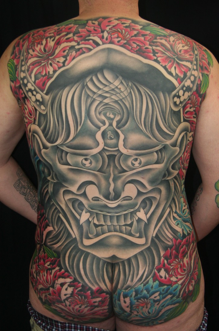  Japanese Hannya Mask & Peony Flowers, tattoo by Brandon Notch 