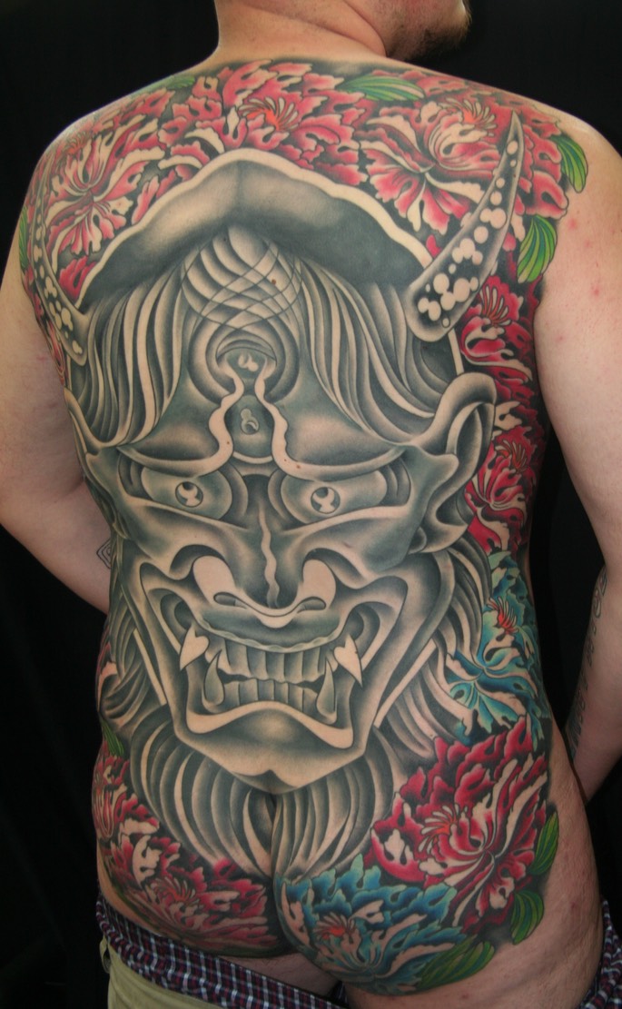  Japanese Hannya Mask & Peony Flowers, tattoo by Brandon Notch 
