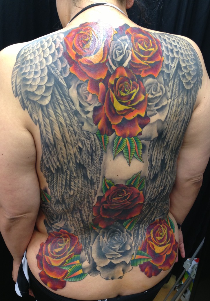  Roses & Angel Wings Full Back Piece Tattoo By Brandon G. Notch (Cover Up) 