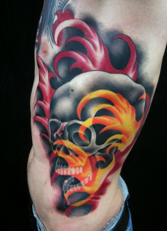  Skull with firewater tattoo by Brandon Notch 